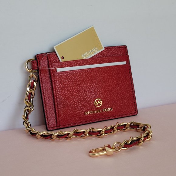 MICHAEL KORS Jet Set Small ID Pebbled Leather Chain Card Holder Case-Crimson $69 - Picture 7 of 16